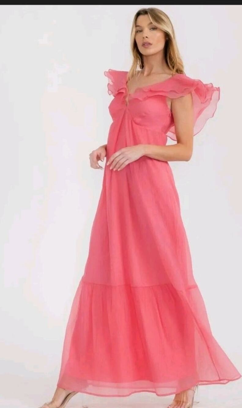 Pink Ruffle sleeve Balletcore maxi dress Size small Catalina v neck Maxi crinkle